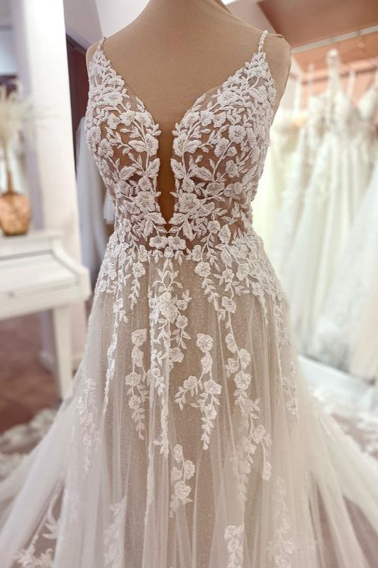 Open Back Wedding Dress Lace Sleeveless Long V-Neck - Fashionpara