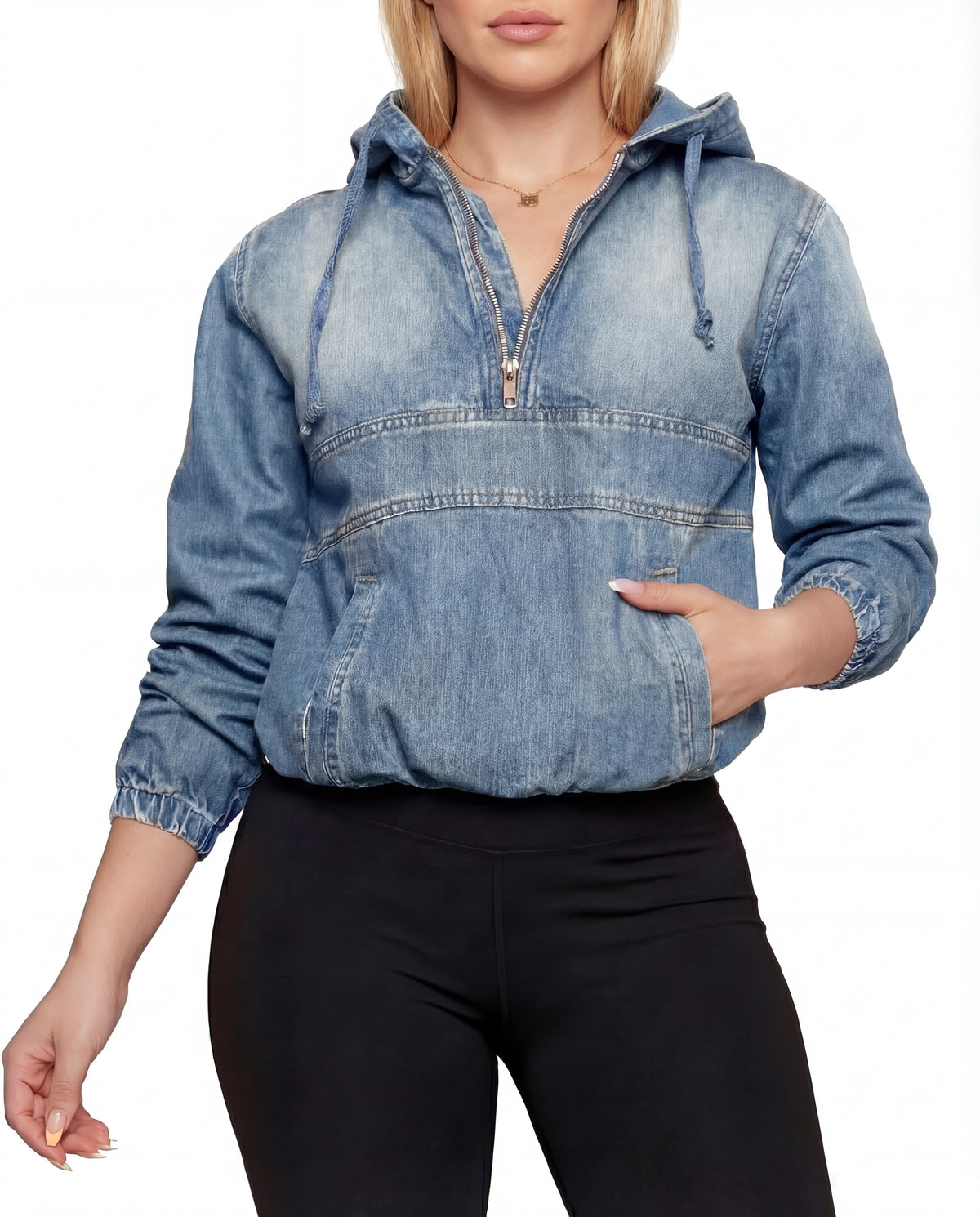 Hooded Half Zip Denim Pullover Jacket