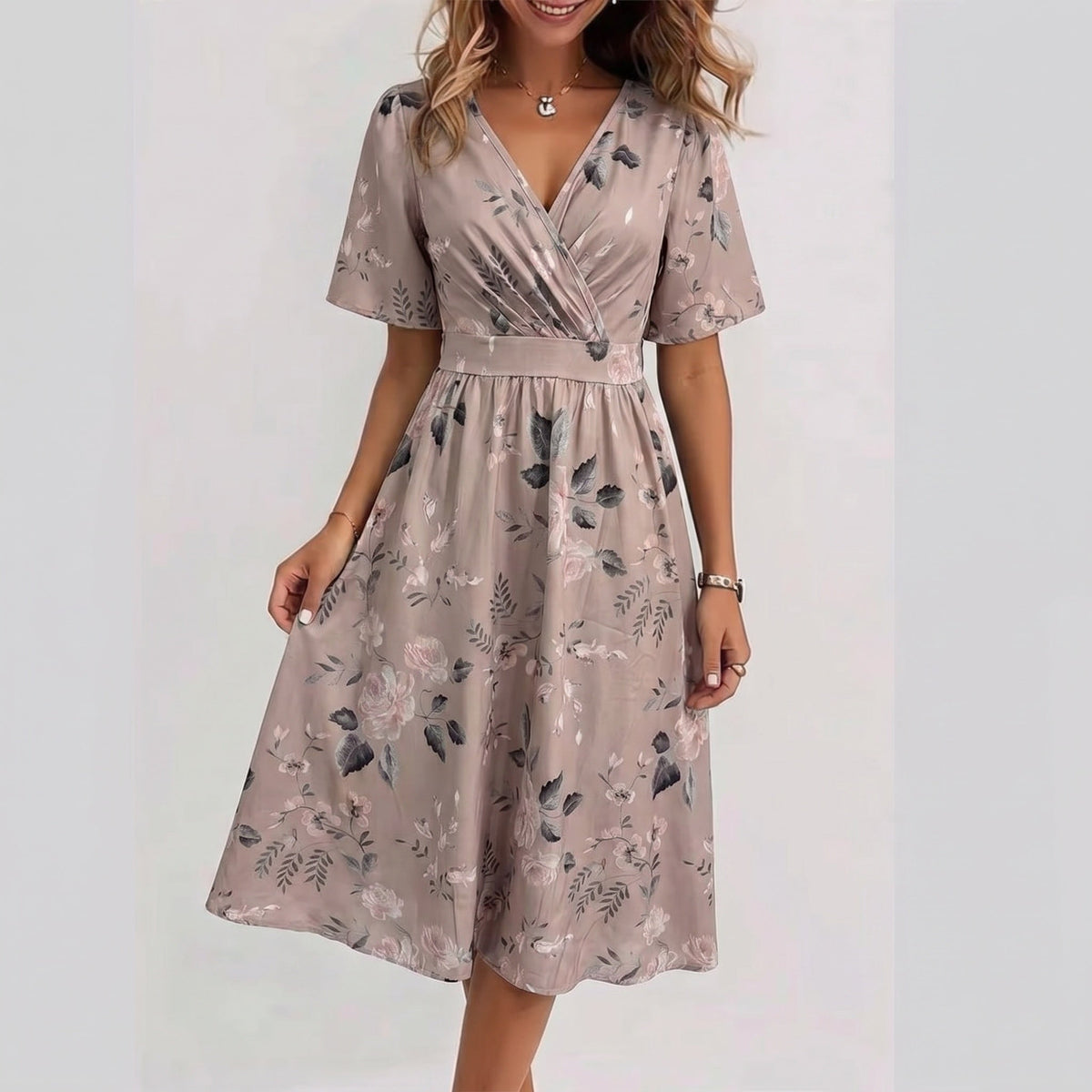 Abstract Print V-Neck Short Sleeve A-Line Midi Dress 2