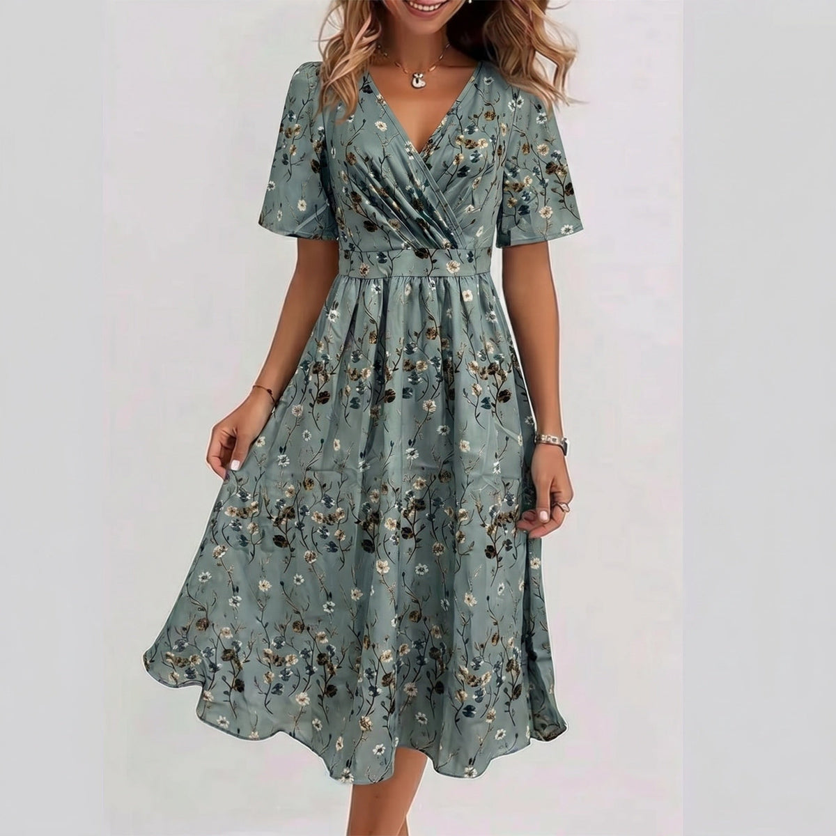 Abstract Print V-Neck Short Sleeve A-Line Midi Dress 3