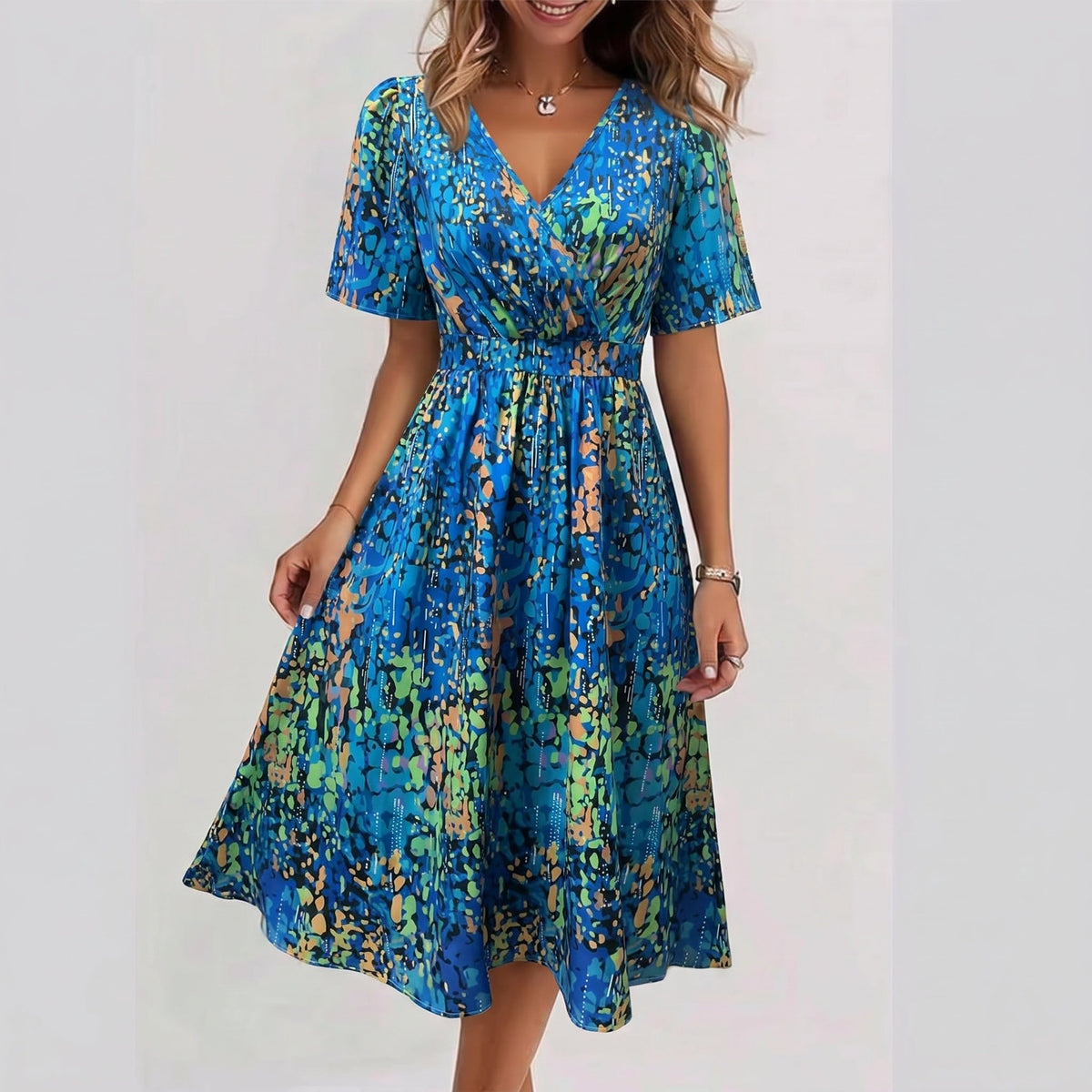 Abstract Print V-Neck Short Sleeve A-Line Midi Dress