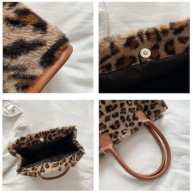 Tote Bag with Leather Faux Leopard Print Brown Fur