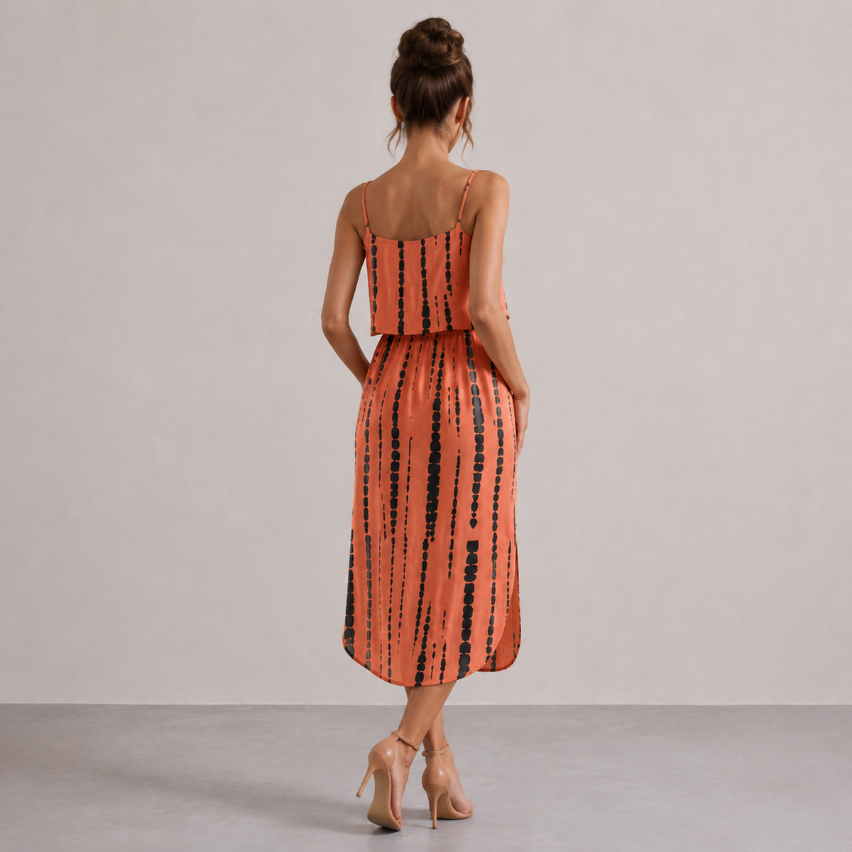 Tie Dye Stripe Cami Drawstring Waist High Low Midi Dress 3