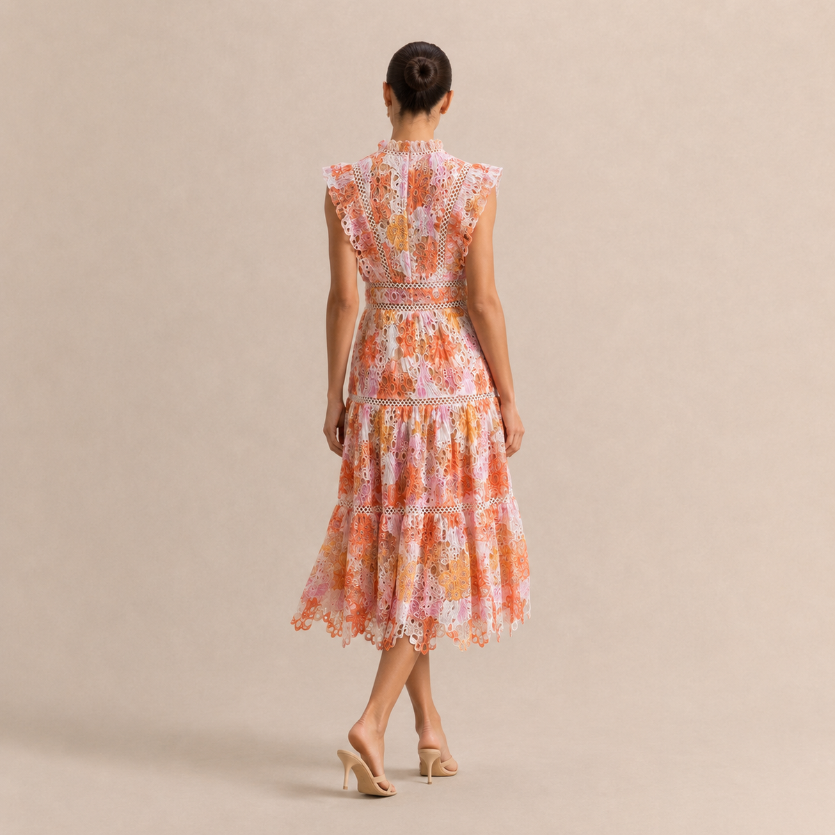 High Neck Floral Lace Tiered Midi Dress 9