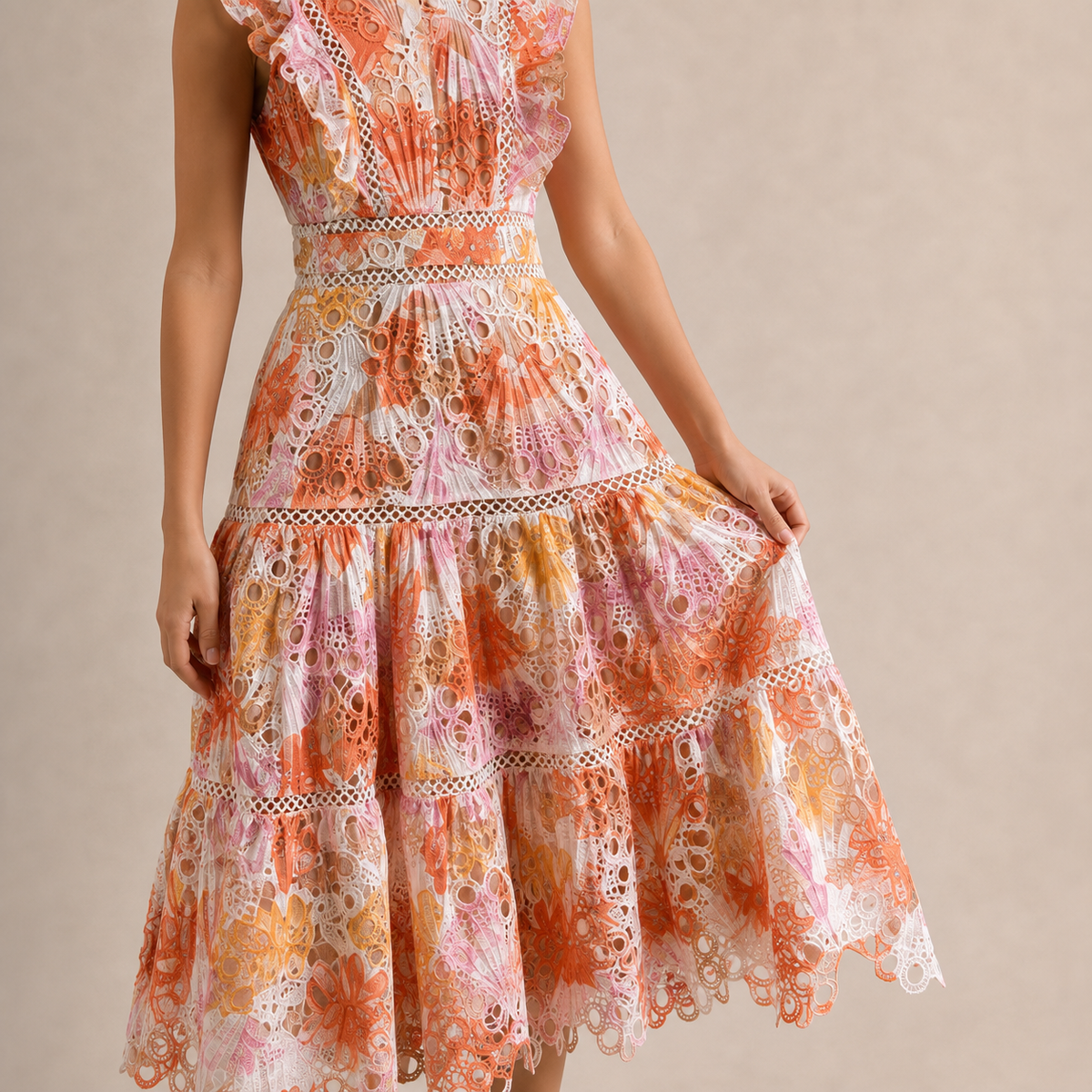 High Neck Floral Lace Tiered Midi Dress 8