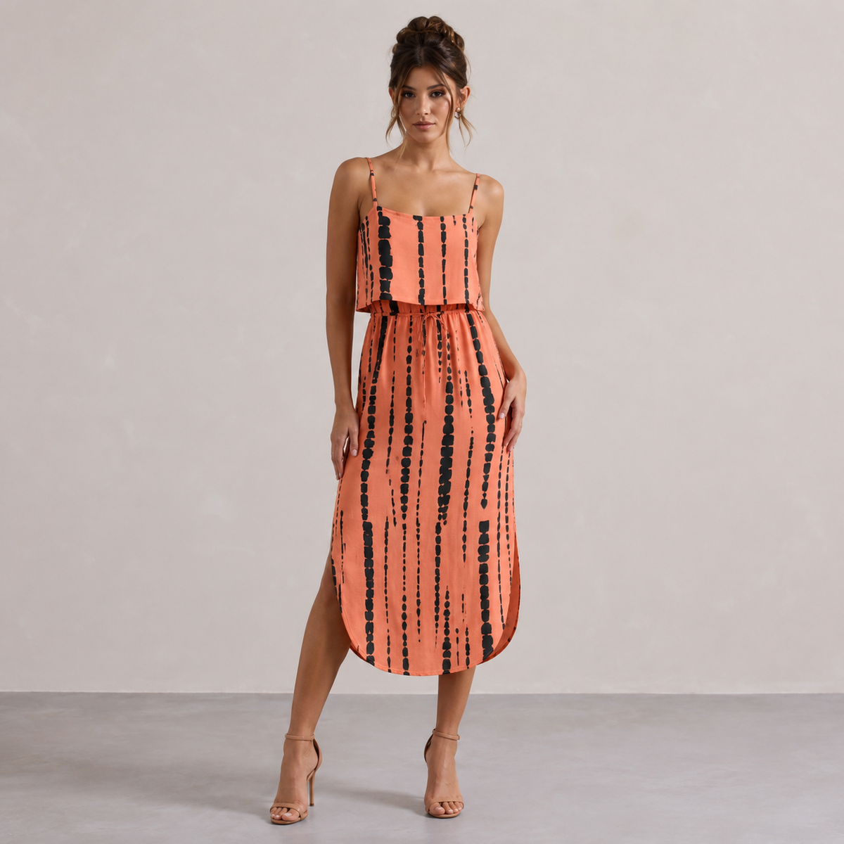 Tie Dye Stripe Cami Drawstring Waist High Low Midi Dress