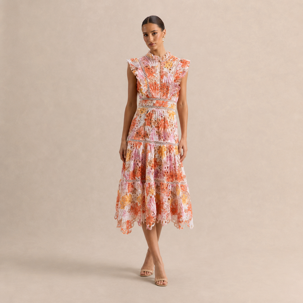 High Neck Floral Lace Tiered Midi Dress 7