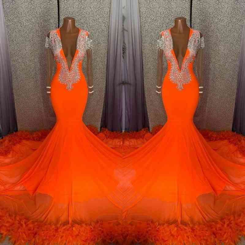 Orange Deep V-Neck Prom Dress Long Sleeves Mermaid With Feather - Fashionpara