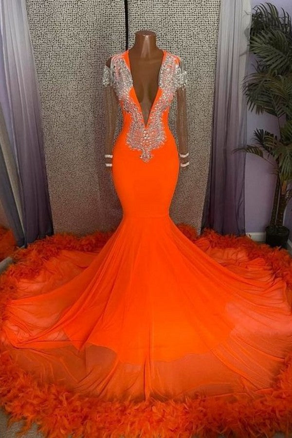 Orange Deep V-Neck Prom Dress Long Sleeves Mermaid With Feather - Fashionpara