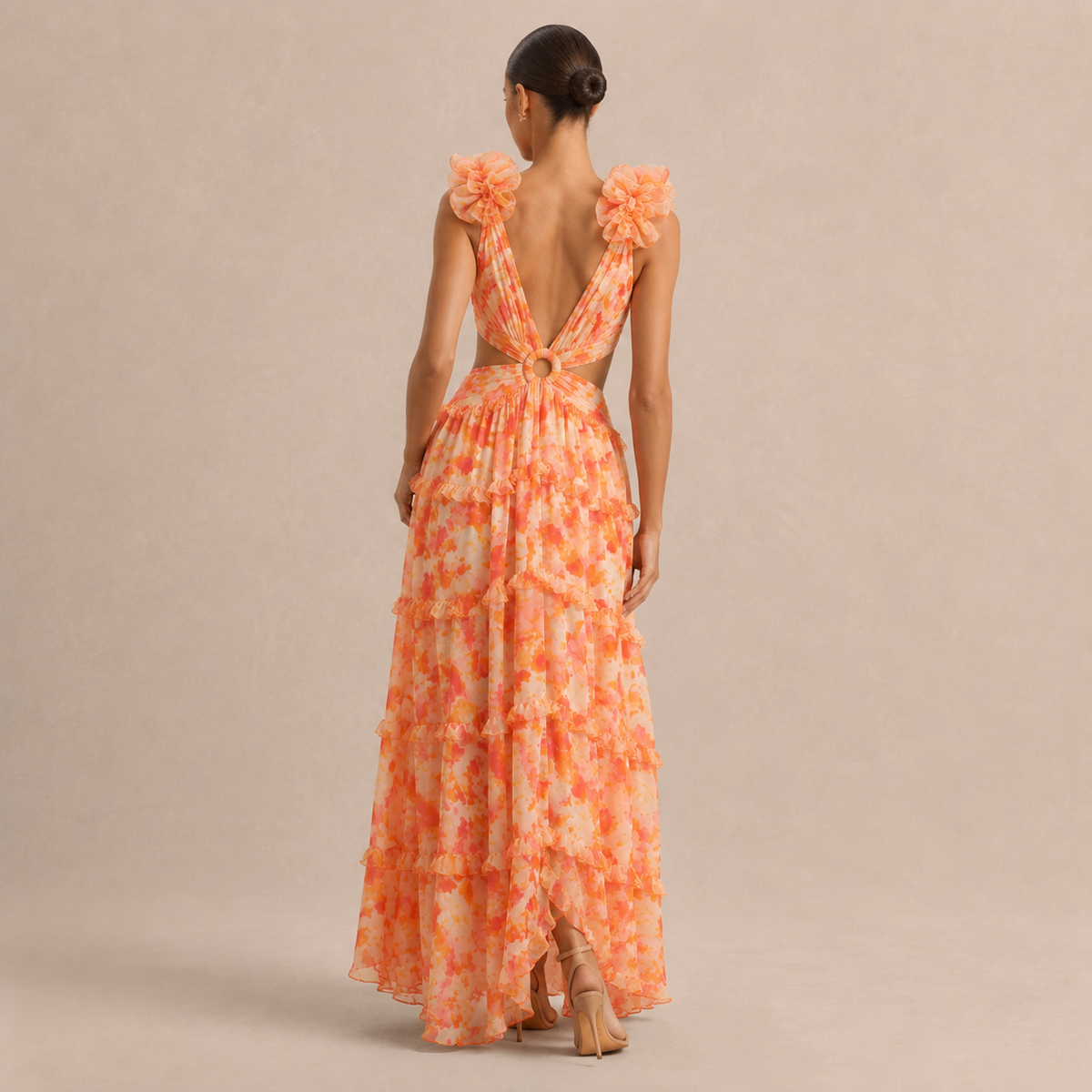 Plunge Ruffle Strap Cut Out Floral High Low Maxi Dress 9
