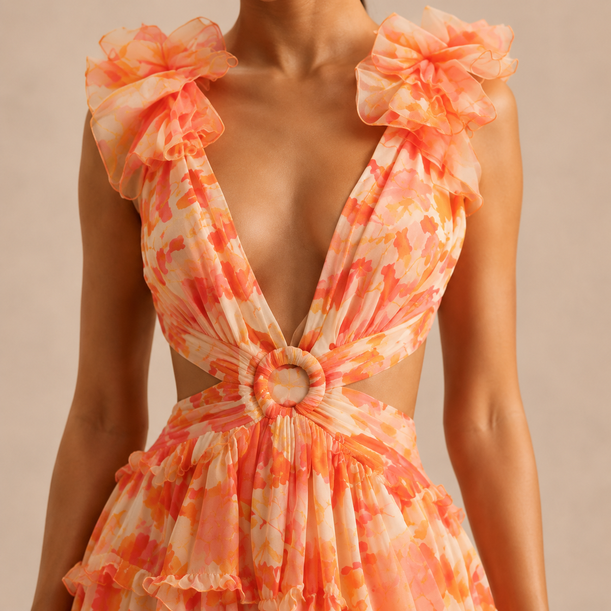 Plunge Ruffle Strap Cut Out Floral High Low Maxi Dress 8