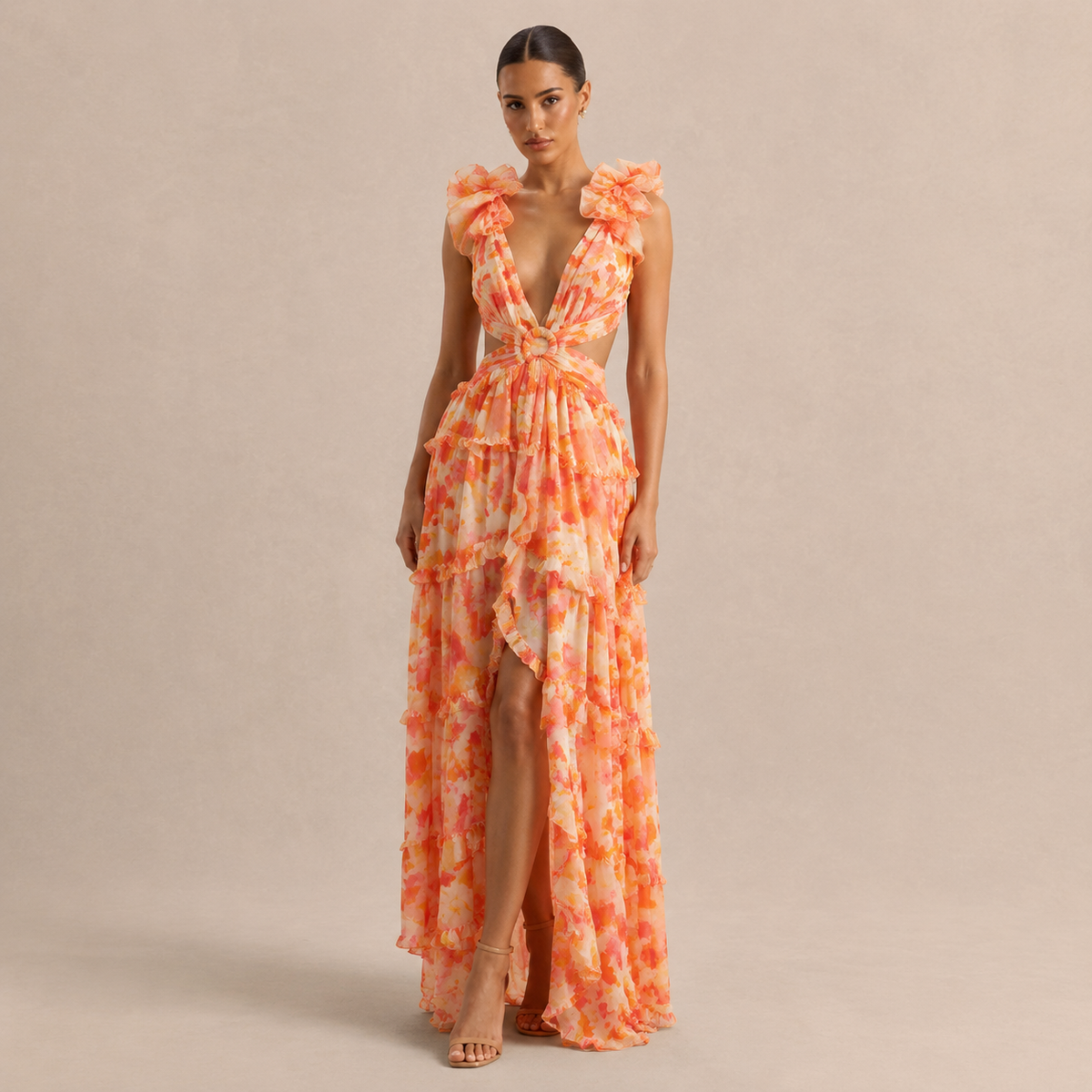 Plunge Ruffle Strap Cut Out Floral High Low Maxi Dress 7