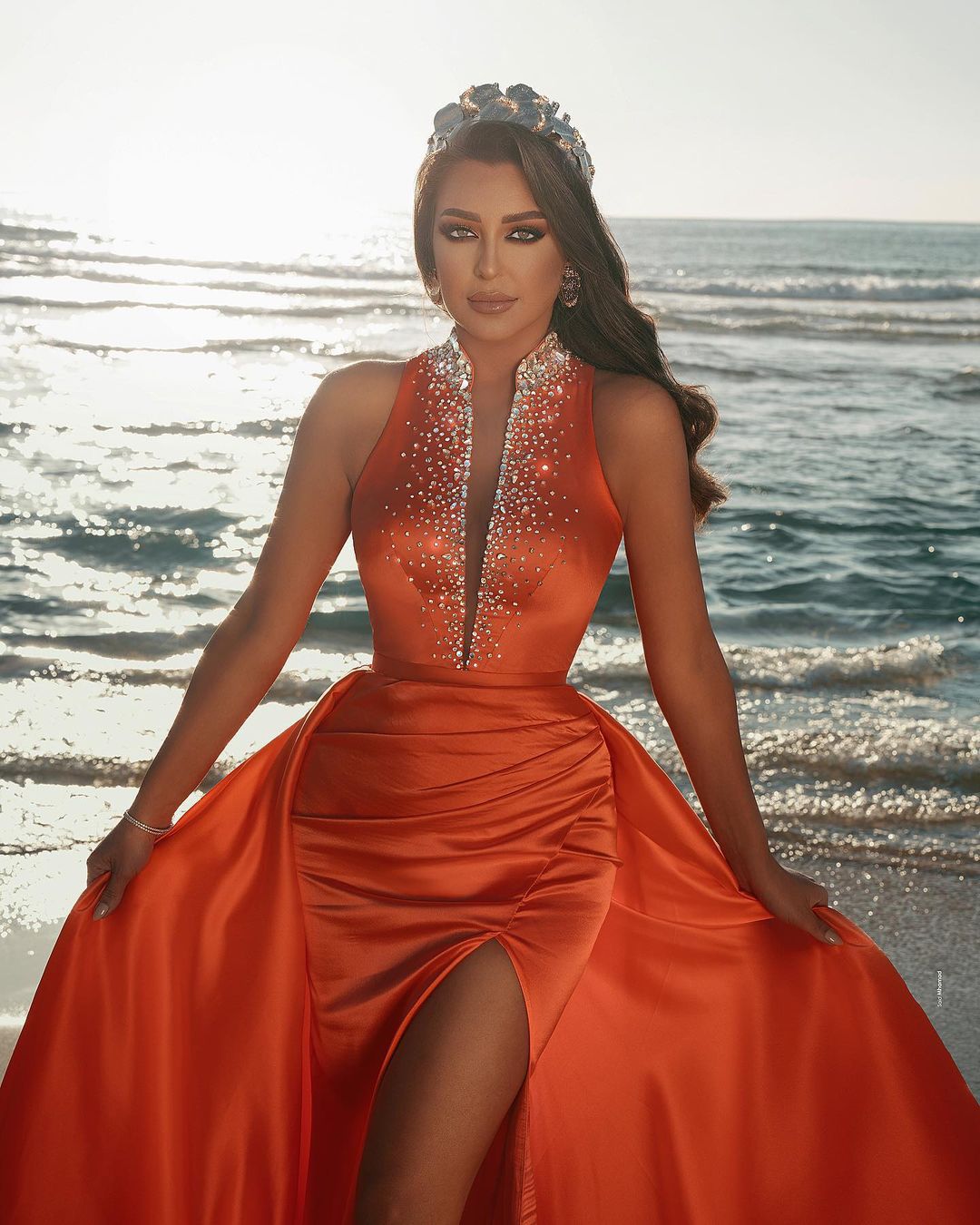 Orange Halter Mermaid Prom Dress Slit Overskirt With Beads - Fashionpara