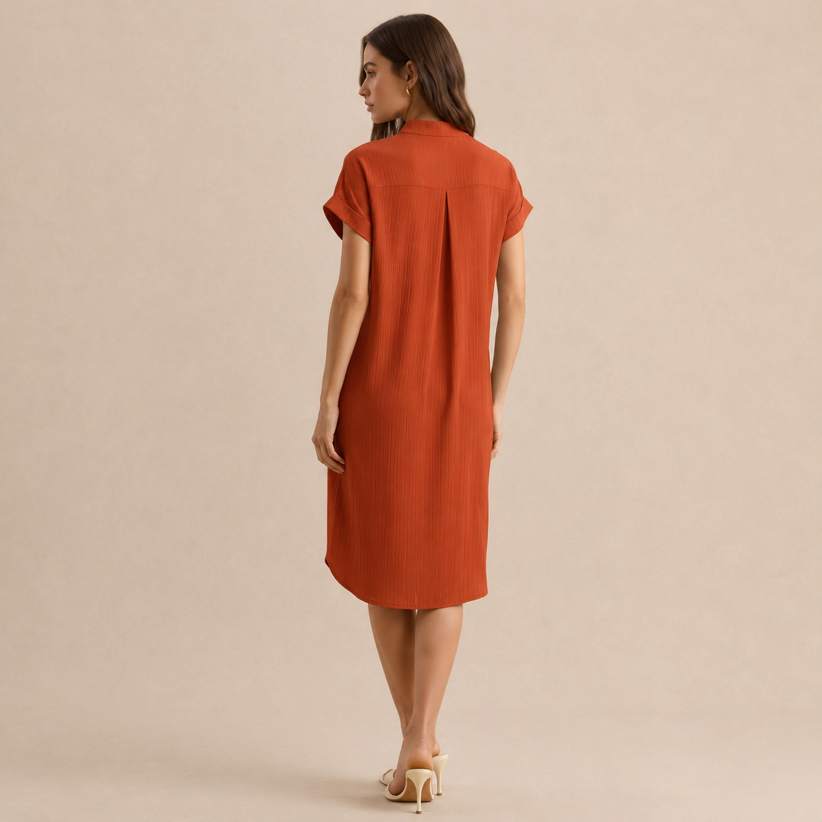 V-Neck Short Sleeve Button Front Ribbed Midi Shift Dress 12