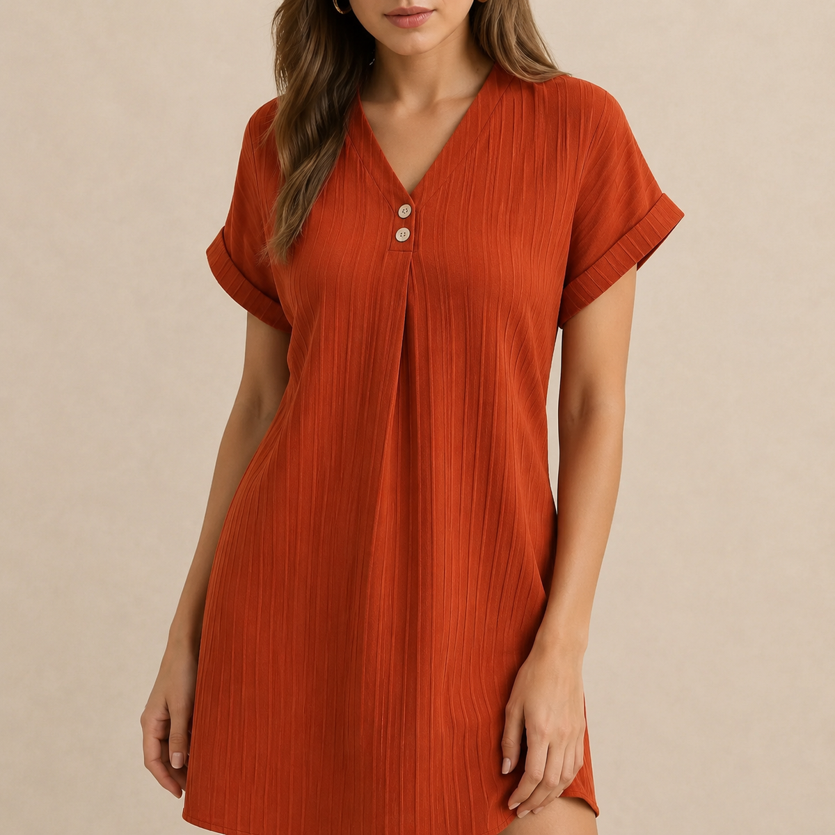 V-Neck Short Sleeve Button Front Ribbed Midi Shift Dress 11