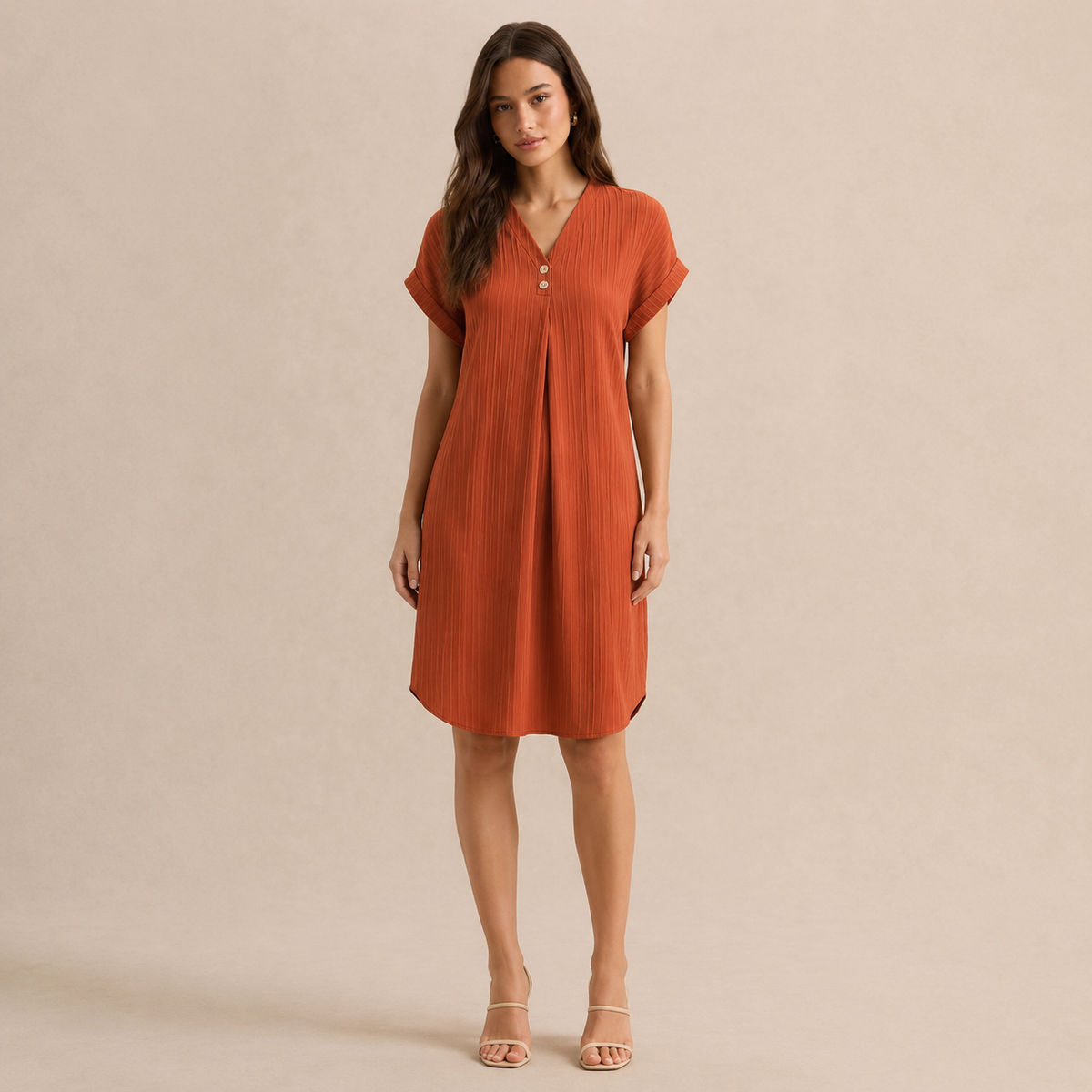 V-Neck Short Sleeve Button Front Ribbed Midi Shift Dress 10