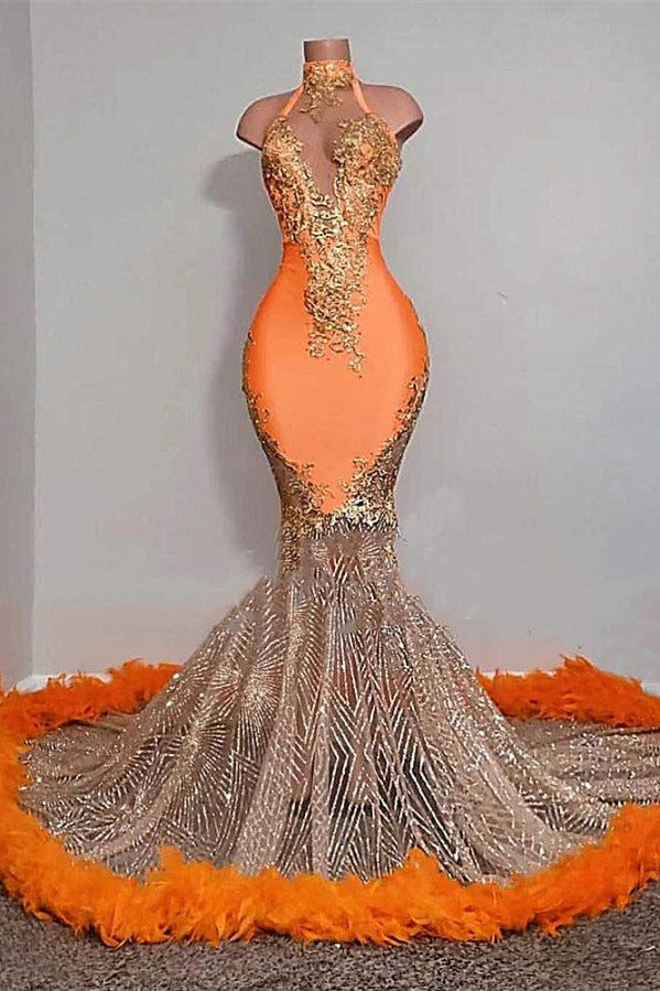 Orange Sleeveless Prom Dress Mermaid Long Sheer With Feather - Fashionpara
