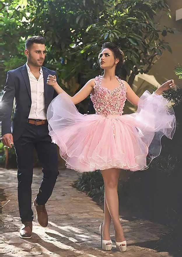 Organza Cocktail Dress Ball Gown Bateau Short/Mini with Appliqued Detail - Fashionpara