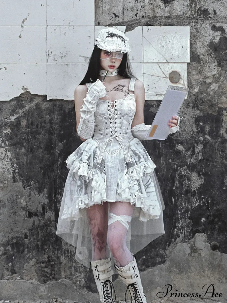 Original Madhouse Vintage Punk Niche Trailing Print Dress Gothic Light Lolita Suspender Dress