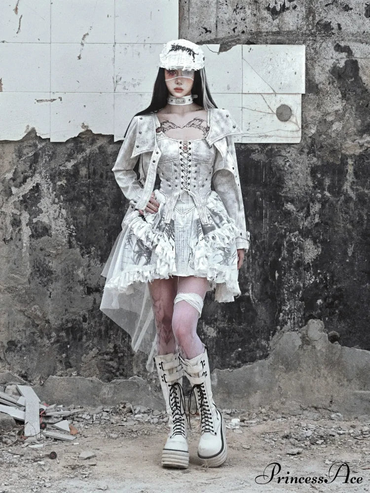 Original Madhouse Vintage Punk Niche Trailing Print Dress Gothic Light Lolita Suspender Dress