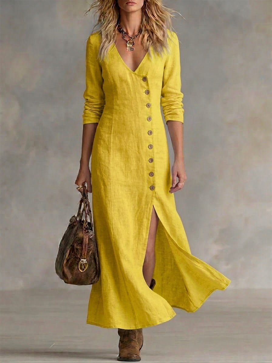 V-Neck Button Front Long Sleeve Slit Midi Dress 4