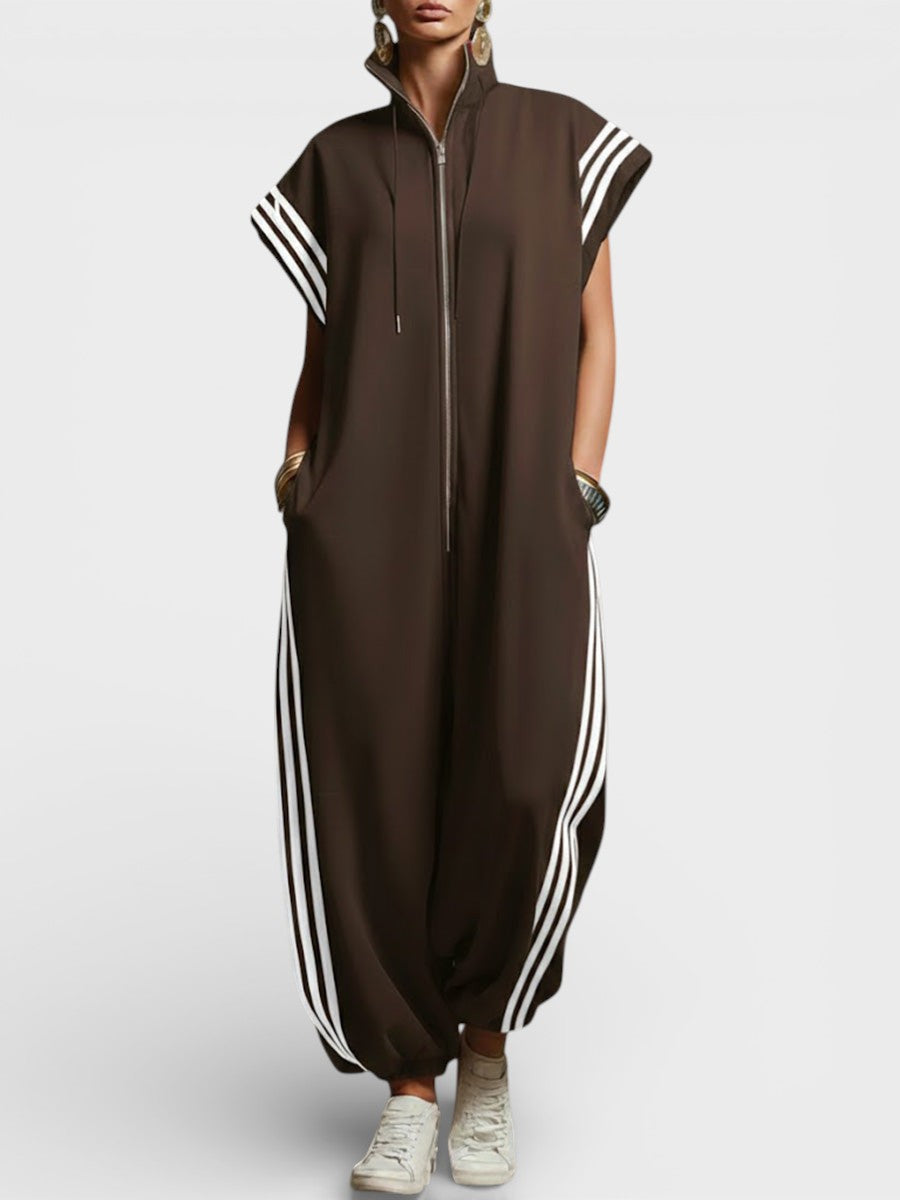 Stand Collar Zip Front Side Stripe Wide Leg Jumpsuit 4