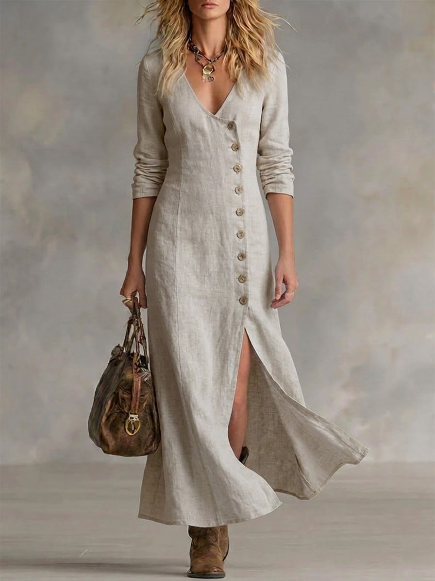 V-Neck Button Front Long Sleeve Slit Midi Dress 6