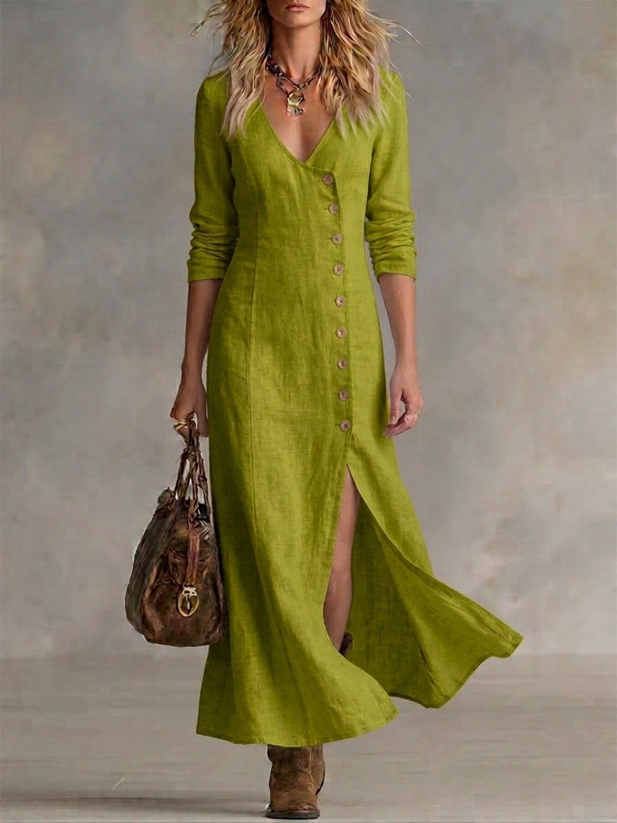 V-Neck Button Front Long Sleeve Slit Midi Dress 5