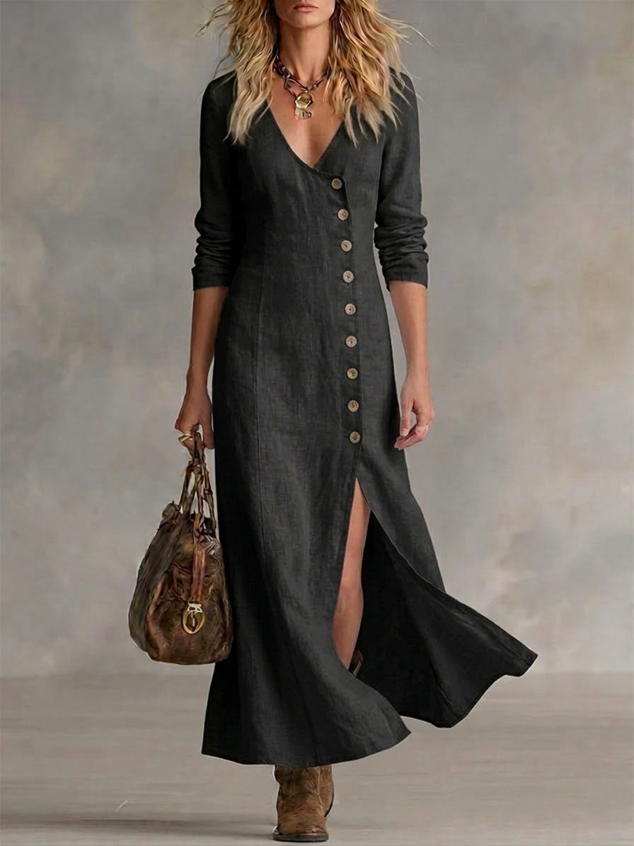 V-Neck Button Front Long Sleeve Slit Midi Dress 7