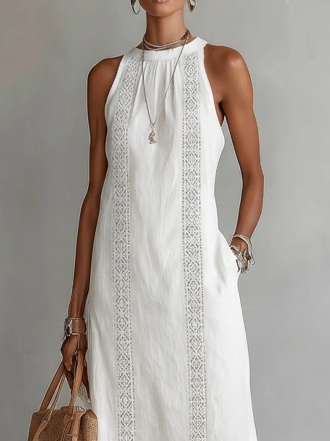 Lace Trim Mock Neck Sleeveless Side Split Midi Dress 3