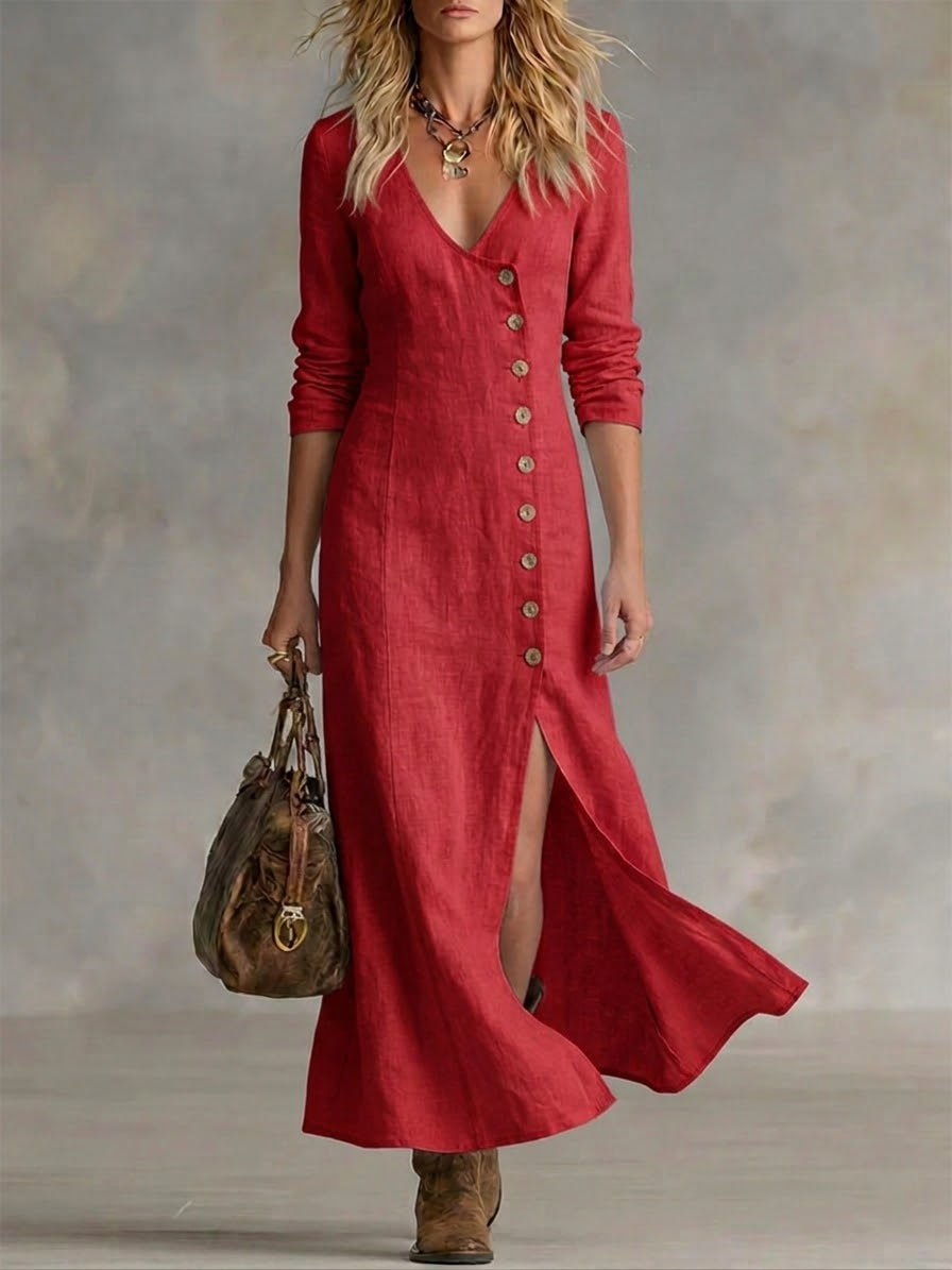 V-Neck Button Front Long Sleeve Slit Midi Dress 3