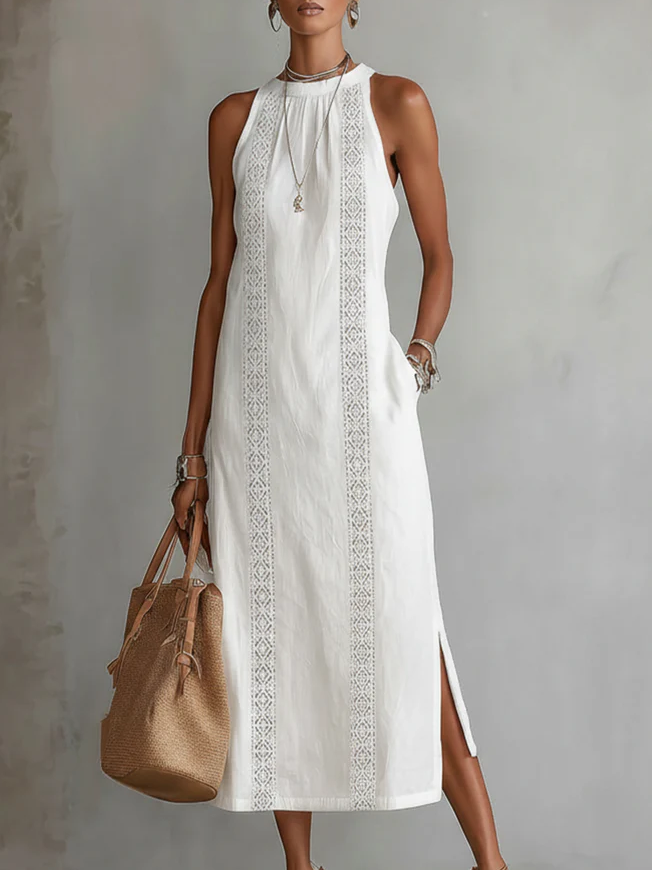 Lace Trim Mock Neck Sleeveless Side Split Midi Dress