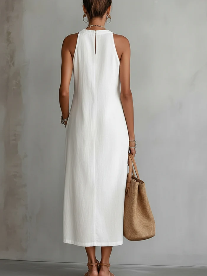 Lace Trim Mock Neck Sleeveless Side Split Midi Dress 2
