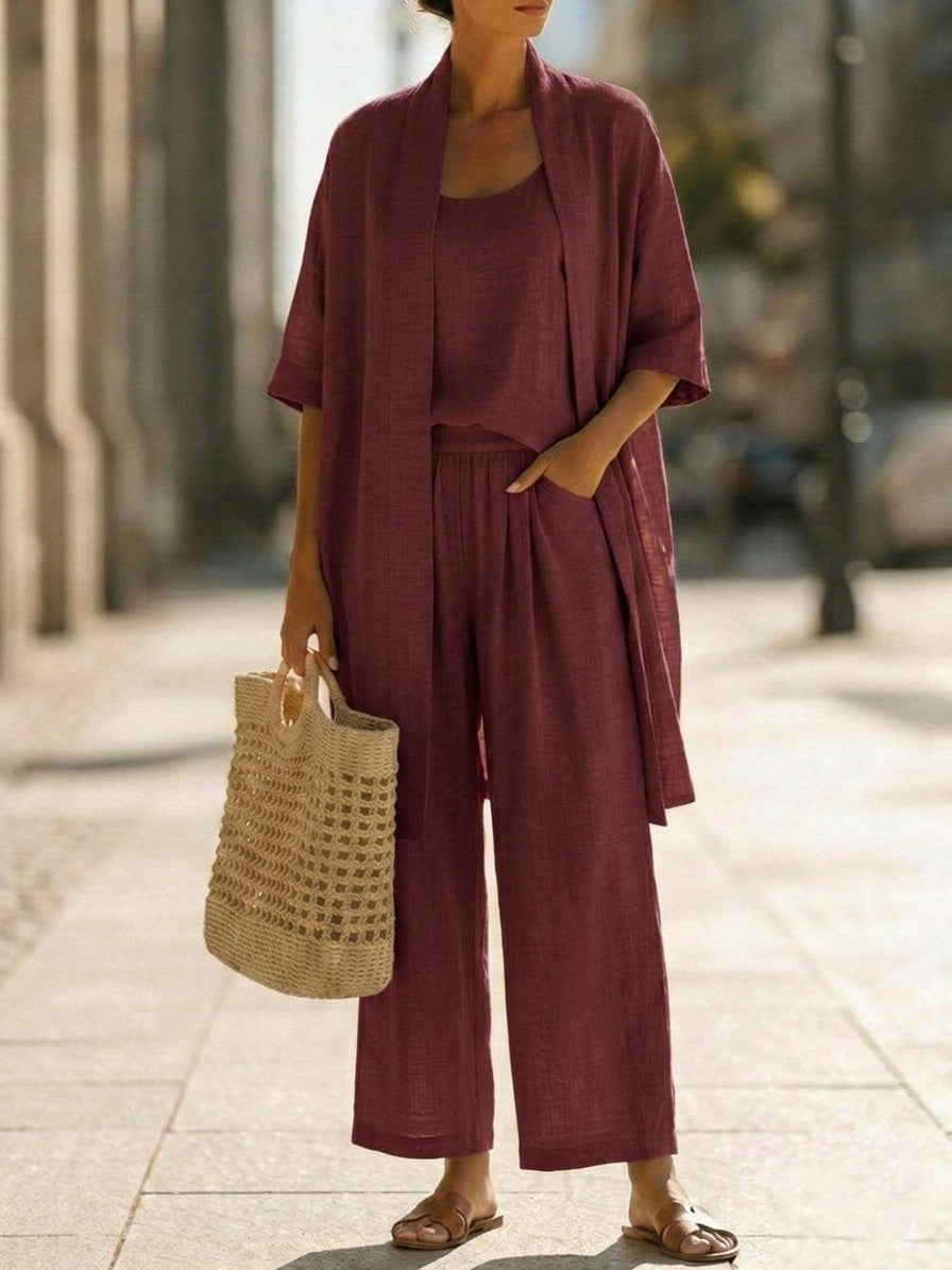 Sleeveless Tank Open Front Kimono and Wide Leg Pants Three Piece Set 25