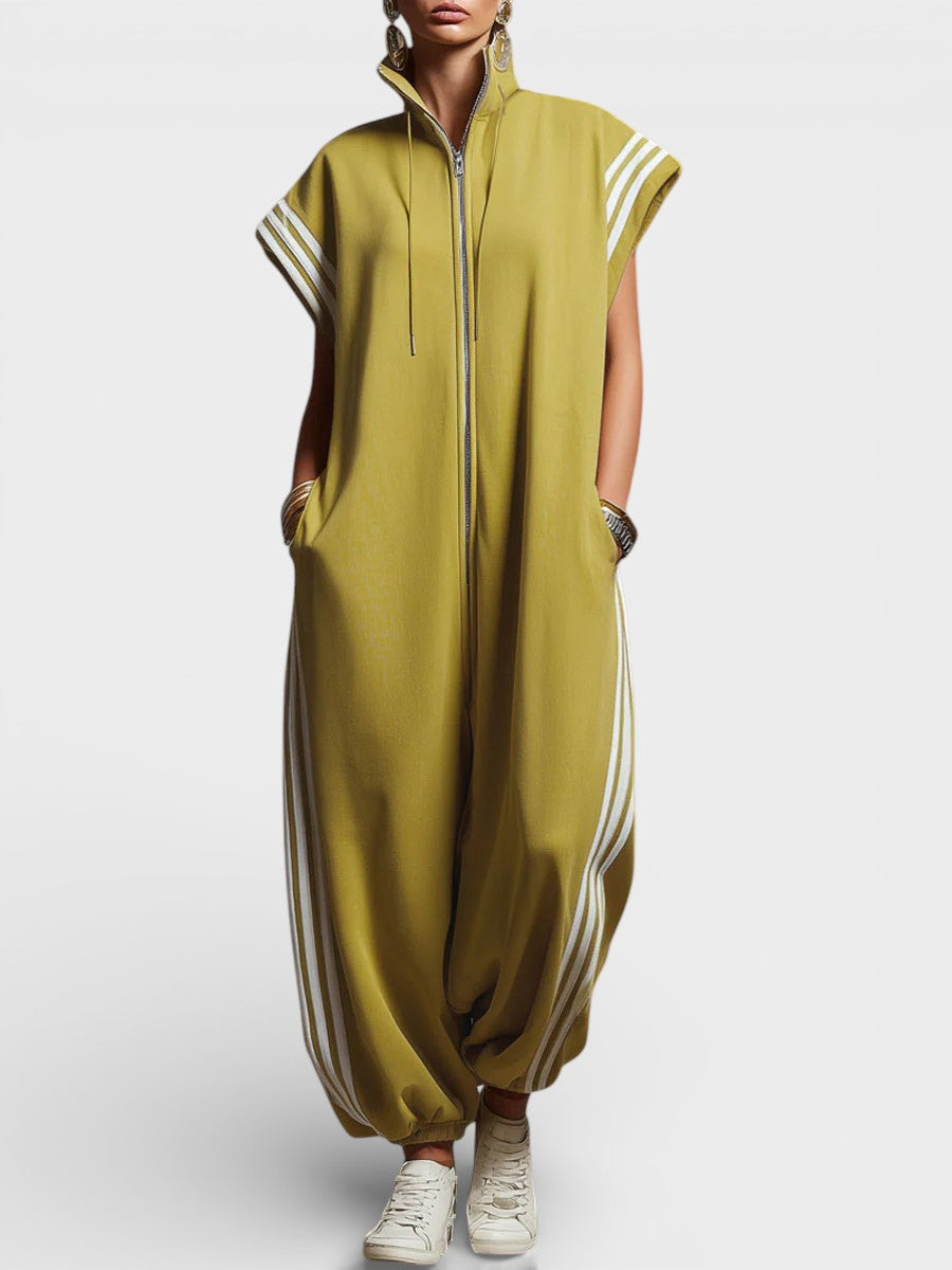 Stand Collar Zip Front Side Stripe Wide Leg Jumpsuit