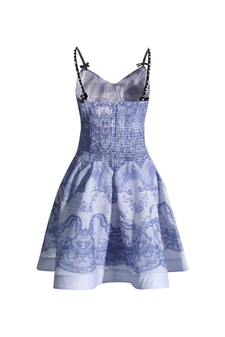 Ornate Print Rhinestone Strap Cutout Twist Smocked Vacation Mini Sundress - Fashionpara