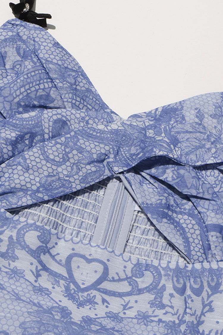 Ornate Print Rhinestone Strap Cutout Twist Smocked Vacation Mini Sundress - Fashionpara