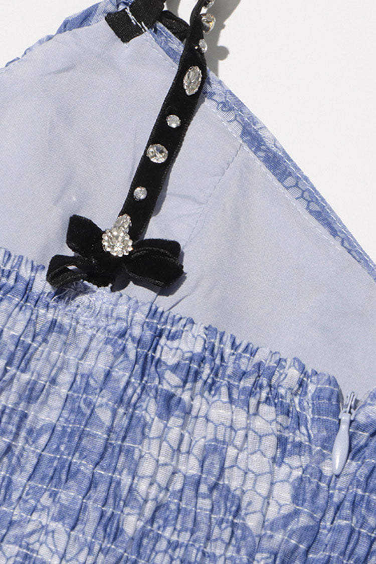 Ornate Print Rhinestone Strap Cutout Twist Smocked Vacation Mini Sundress - Fashionpara