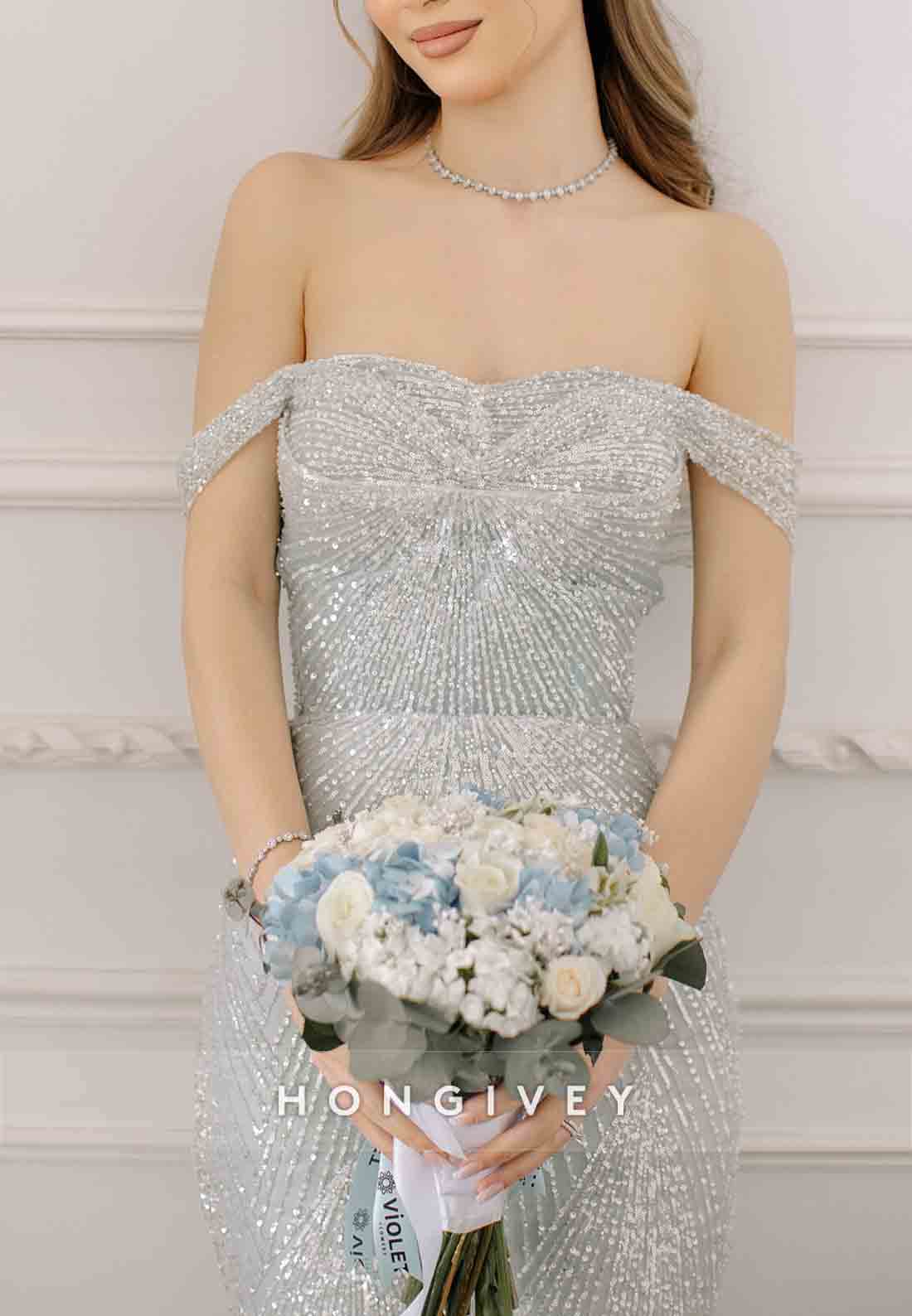 Metallic Yarn Off the Shoulder Sweep Train Ladder Back Mermaid Wedding Dresses