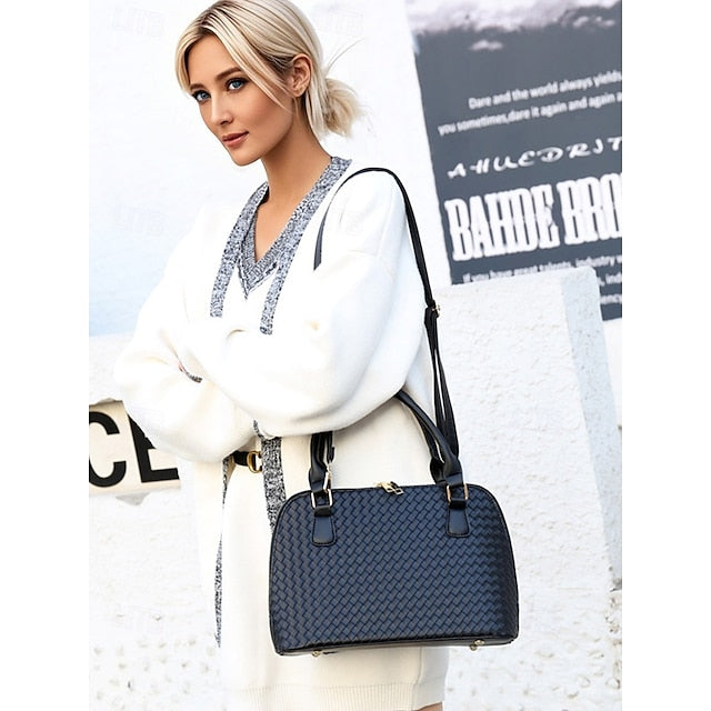 Handbag Set Brown Leather Woven 3-Piece Faux