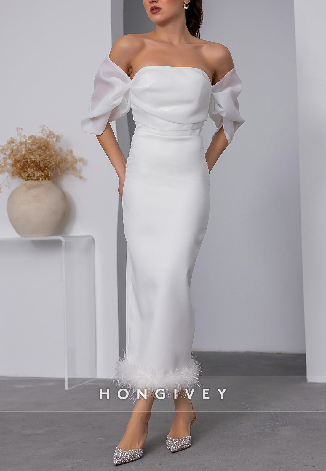 Ankle-Length Evening Gown Off the Shoulder Feather Chiffon Pleated Zipper Wedding Guest Dresses