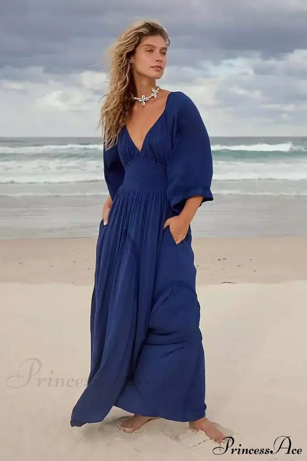 Oversized Backless Deep V Cotton Boho Dress Blue / S bohodress-250126