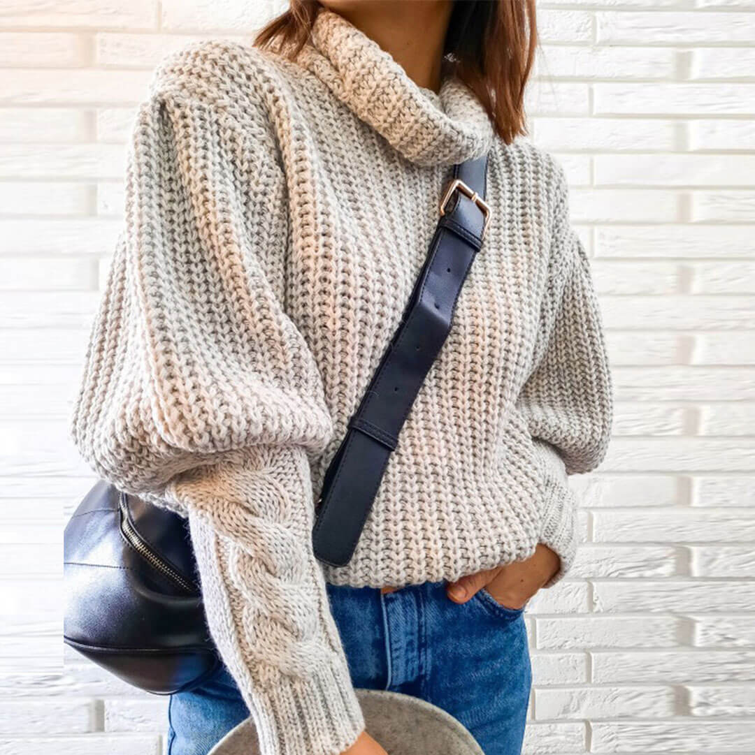 Cable Knit Trim Bishop Sleeve Turtleneck Sweater - Gray 2
