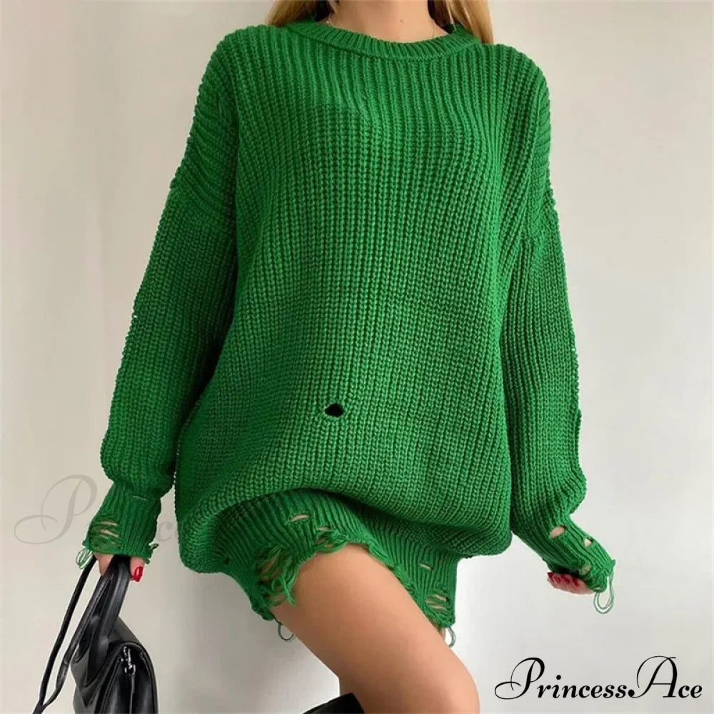 Oversized Casual Sexy Club Y2K Women Knitted Green O Neck Christmas Sweater