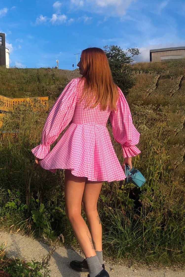 Oversized Collar Balloon Sleeve Empire Waist Gingham Babydoll Mini Dress