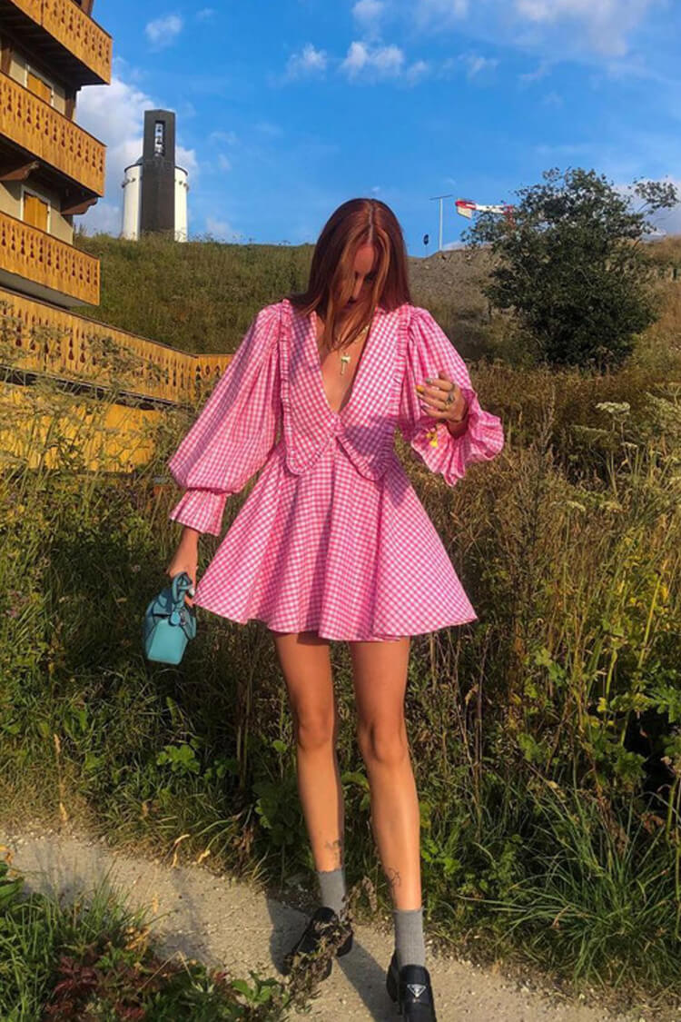 Oversized Collar Balloon Sleeve Empire Waist Gingham Babydoll Mini Dress