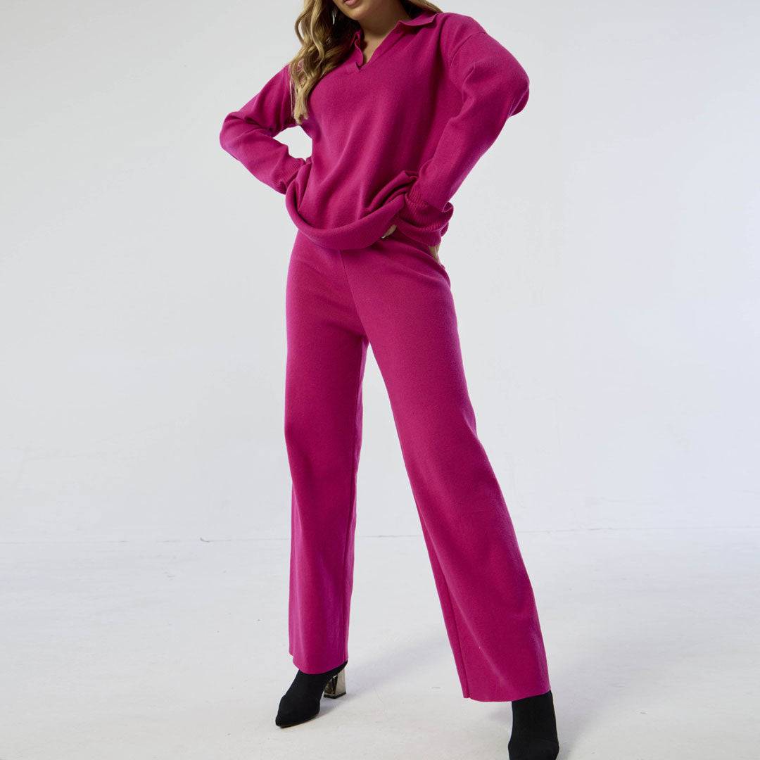 Oversized Collared Long Sleeve Sweater Wide Leg Pants Matching Set - Hot Pink - Fashionpara