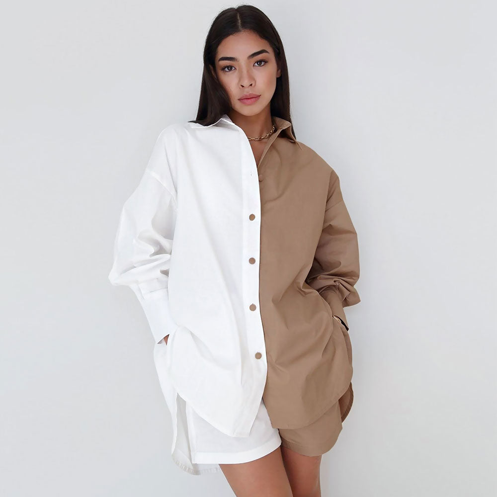 Oversized Color Block Button Down Pocketed Shorts Matching Set - Khaki - Fashionpara