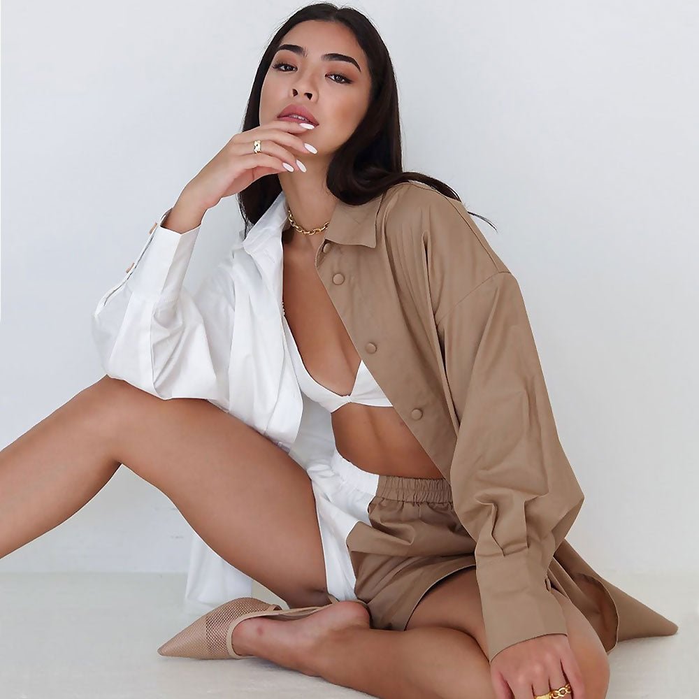 Oversized Color Block Button Down Pocketed Shorts Matching Set - Khaki - Fashionpara