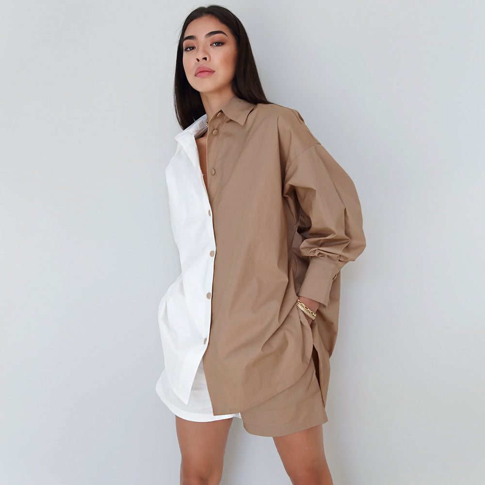 Oversized Color Block Button Down Pocketed Shorts Matching Set - Khaki - Fashionpara